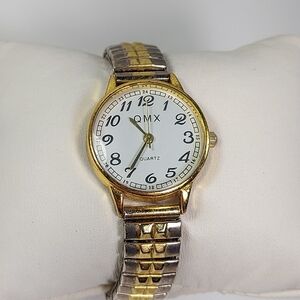 QMX 2 Tone Round Easy Read Dial 12/24 Hour Stretch Band Ladies Watch New Battery